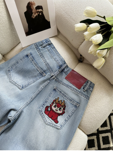 European station high waist denim straight pants for women spring new European narrow version wide leg pants slimming cartoon dragon embroidery