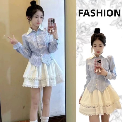 2024 spring matching milk-style outfit, a complete set of French rich daughter's sweet little fragrance style shirt and tutu skirt suit