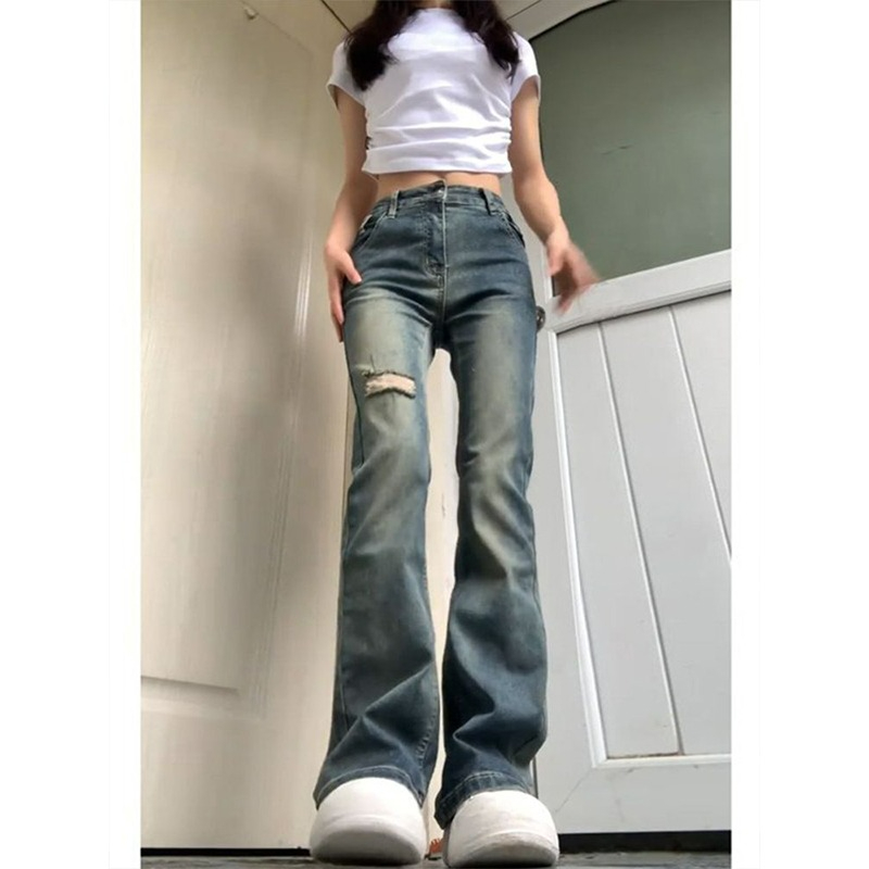 Ripped micro-flared jeans for women, autumn and winter new style, high-waisted, slimming, small, horseshoe-flared pants for women