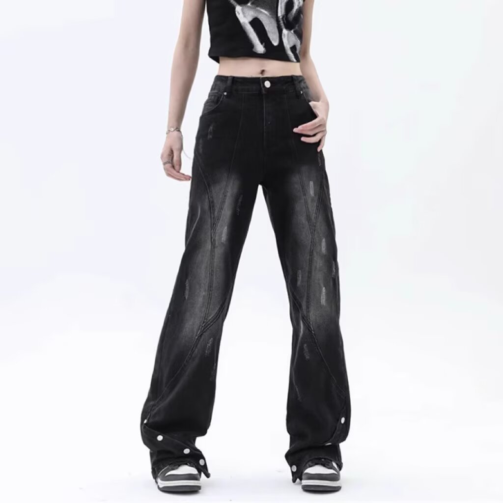 American style buttoned jeans for women in winter trendy brand loose design bootcut trousers washed casual trousers