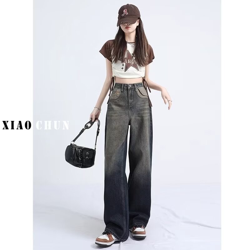 Gradient wide-leg jeans for women 2024 spring new high-waist slim design loose straight-leg floor-length pants trendy
