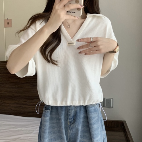 Actual shot of short-sleeved T-shirt women's new summer fat mm cover belly hidden meat Polo shirt v-neck niche hem drawstring top