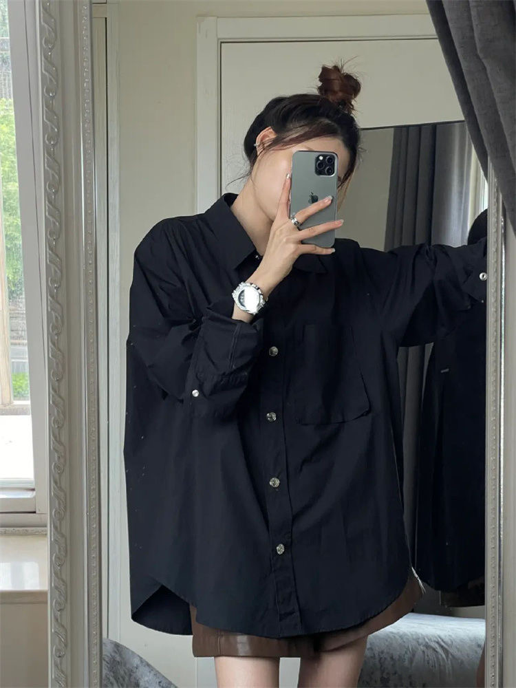 Niche high-end retro black shirt women's trendy and cool mid-length spring shirt long-sleeved top jacket