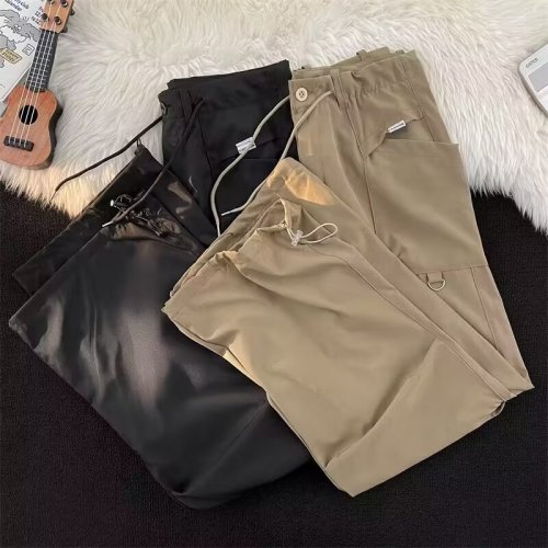 Pleated overalls for women, American fashion brand, niche design, paratrooper wide-leg pants, retro high street drawstring casual trousers