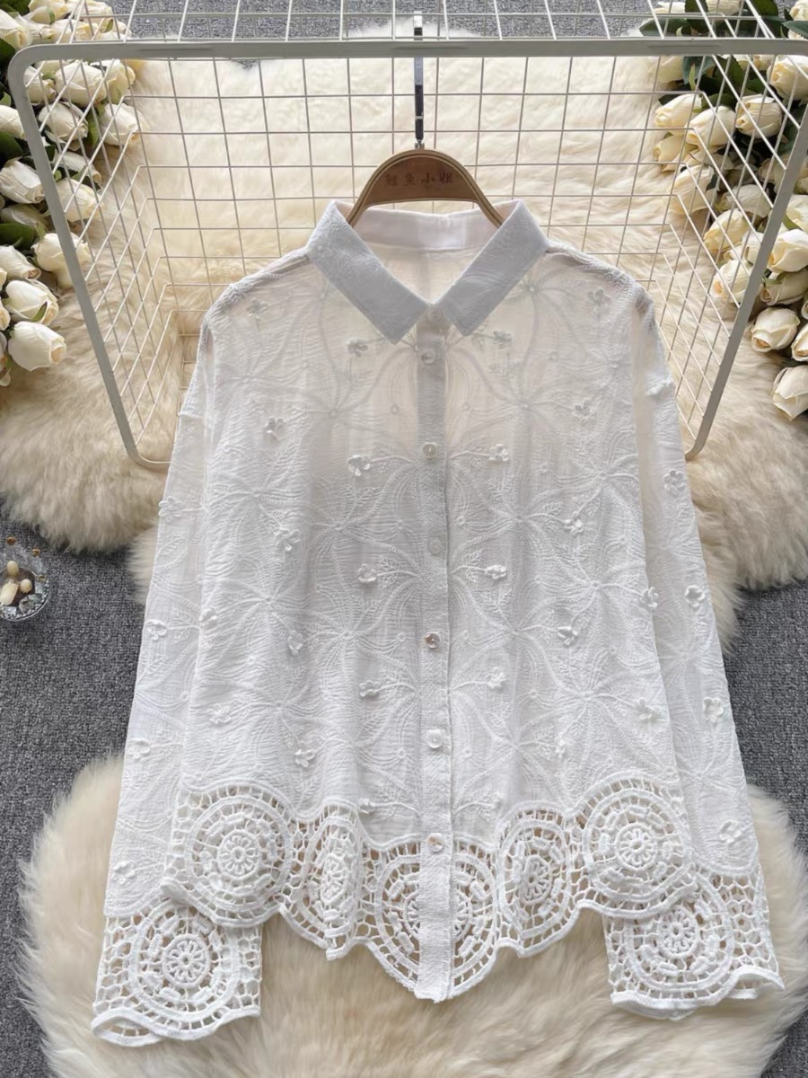 2024 spring new style fashionable lady-like three-dimensional flower lapel single-breasted lace splicing shirt