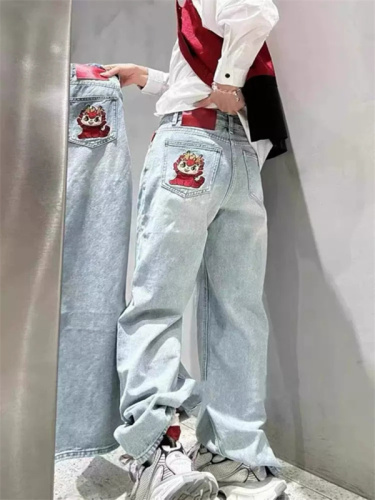 European station high waist denim straight pants for women spring new European narrow version wide leg pants slimming cartoon dragon embroidery