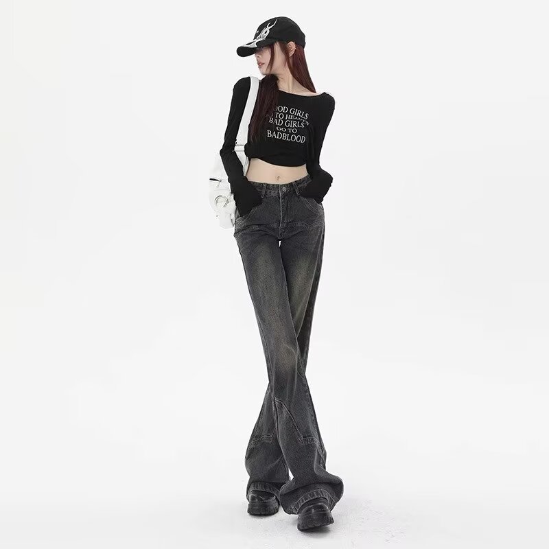 American black and gray straight-leg jeans for women with spliced ​​design, high-waisted and slim, high-street retro wide-leg long trousers