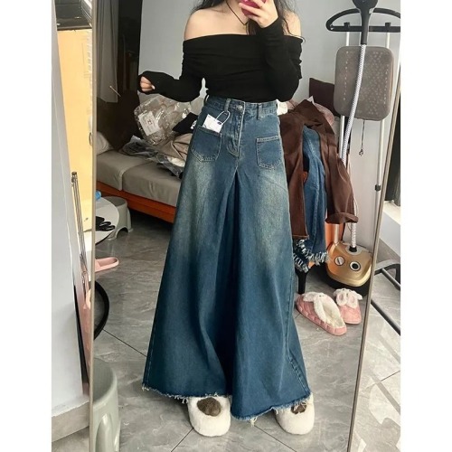 High-waisted, large-leg, wide-leg jeans for women, niche design for fall, new floor-length flared trousers and culottes