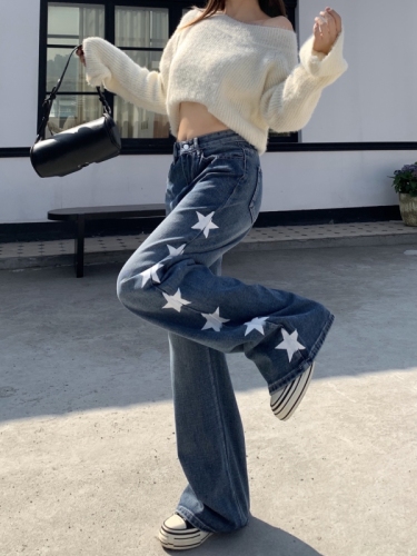 Real shot!  !  American retro hottie star trousers new printed wide leg high waist blue jeans for women