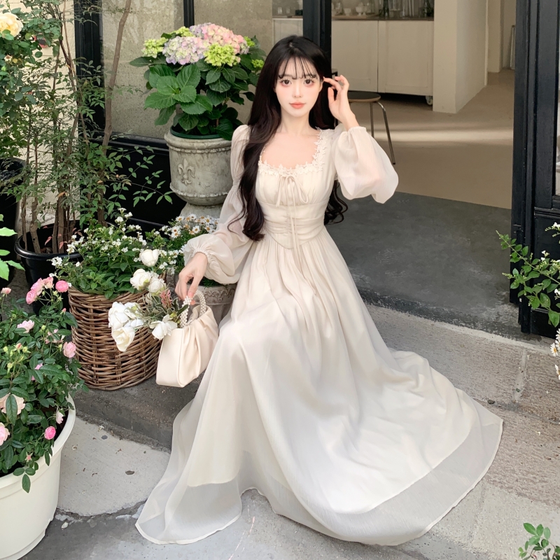Plus size women's French temperament square neck chiffon long-sleeved fairy dress spring and summer skirt waist A-line long skirt
