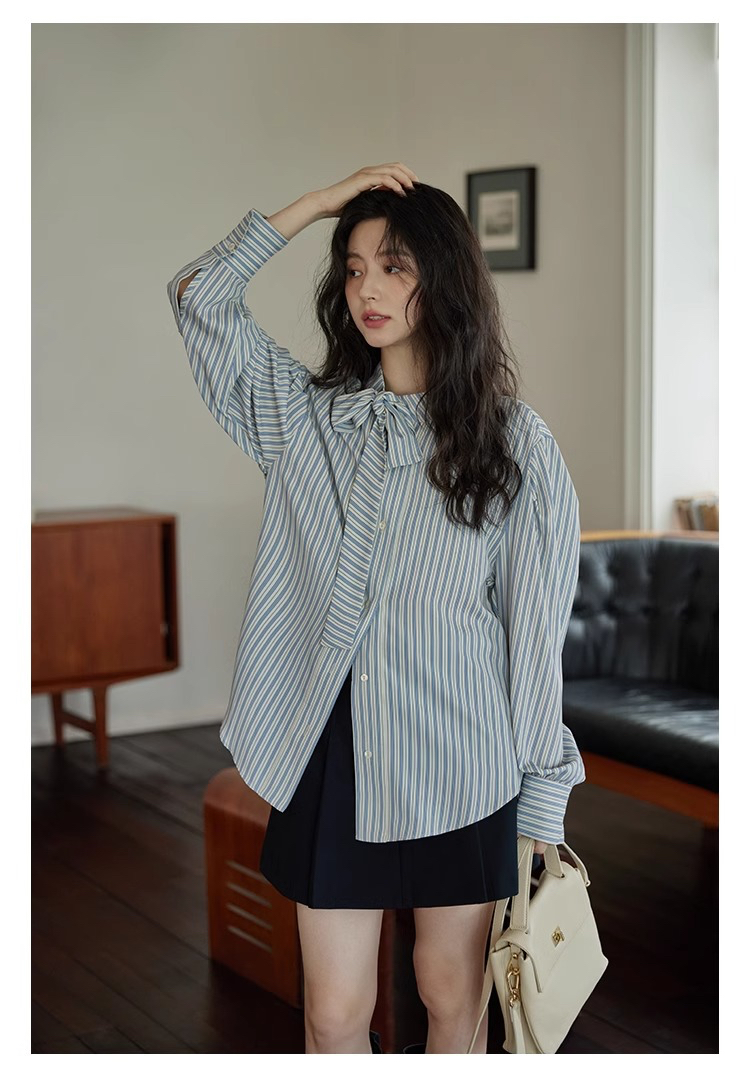 140g four-sided stretch printed Korean style bow striped shirt for women autumn loose versatile shirt retro top