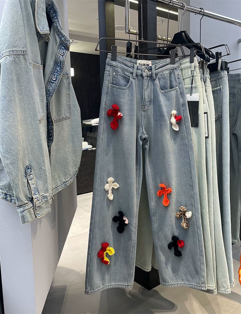 Spring and summer high-waisted wide-leg jeans for women's new personalized blue heavy-duty embroidered flower straight-leg pants