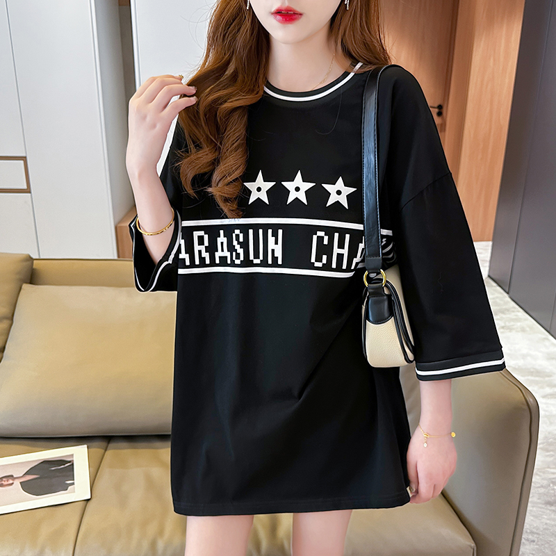 Actual shot of 100% cotton plus size women's Korean style mid-length letter printed short-sleeved T-shirt summer tops