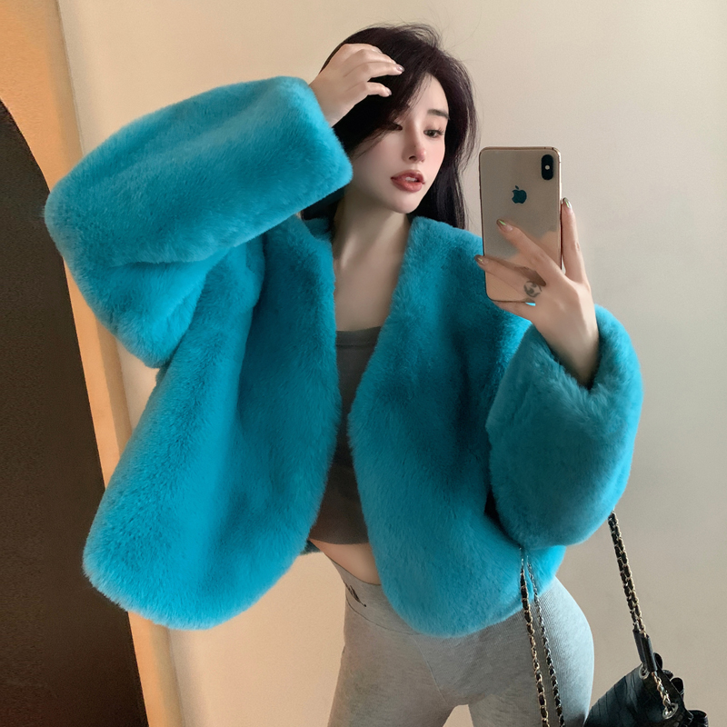 Real shot of autumn and winter Korean version of imitation fur eco-friendly plush jacket, temperament top, thickened high-end short coat