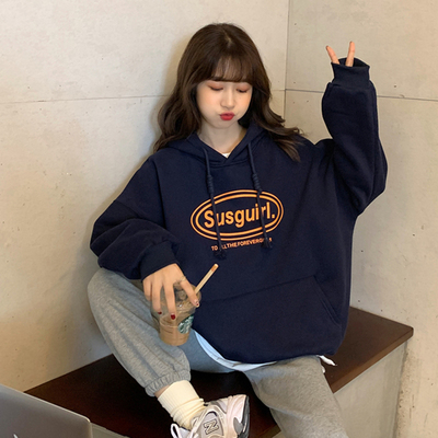 New style velvet autumn and winter Korean style loose velvet thickened letter printing mid-length long-sleeved sweatshirt top for female students