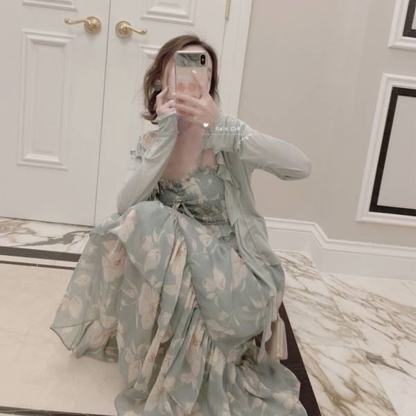 Chiffon skirt female student Korean version spring and summer ruffled suspender skirt plus ins super fairy chiffon sunscreen shirt