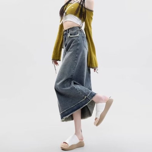 Denim skirt mid-length 2024 spring and autumn new high-waist slimming raw edge splicing A-line over-the-knee hip-covering skirt