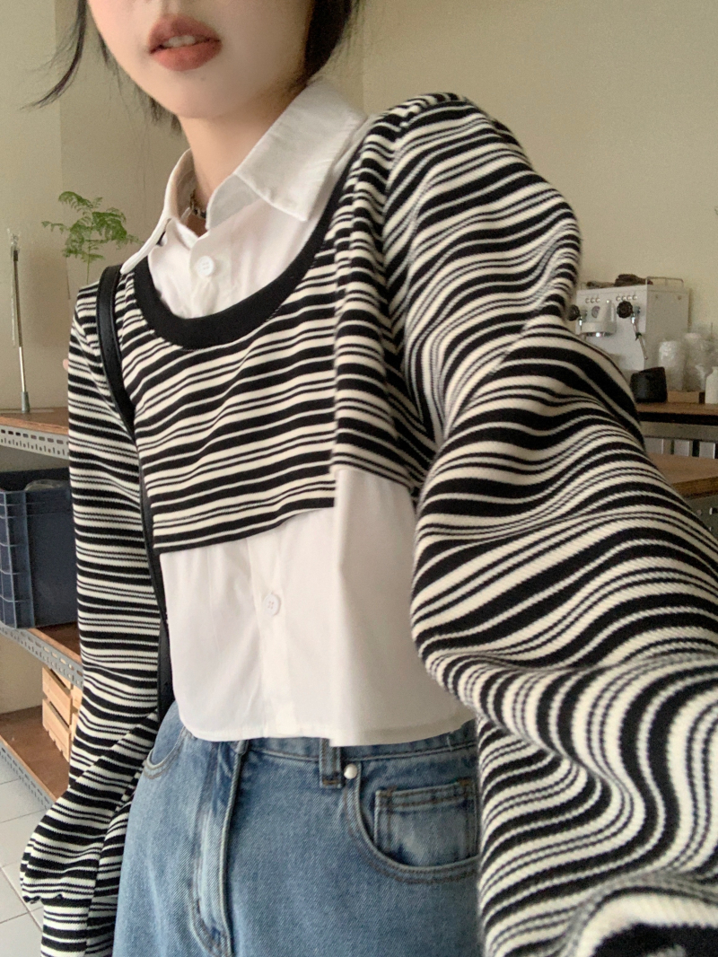 Actual shot of the new contrast striped long-sleeved sweatshirt with Polo collar short top fake two pieces