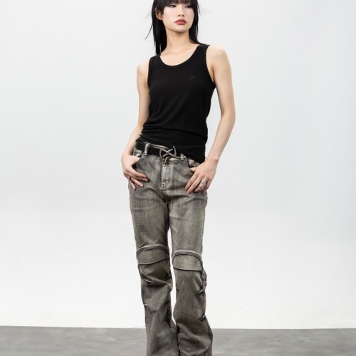 Wasteland style washed distressed pleated micro-flared jeans dirtyfit trousers for men and women