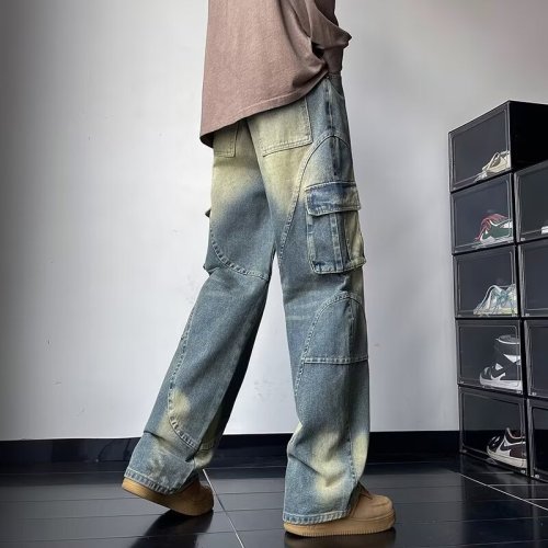 American Retro Deconstructed Spring and Autumn Distressed Washed Jeans Men's Loose Casual Straight Workwear Pants Trendy Brand