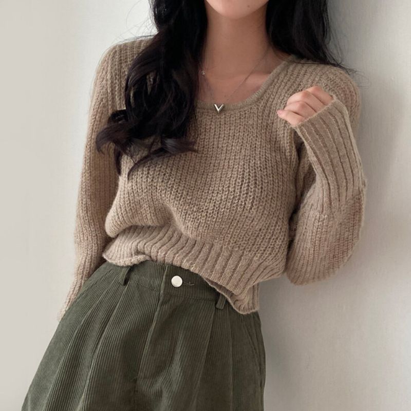 Actual shot of large size Korean style ins square neck waist slimming sweater solid color versatile western style early spring sweater for women