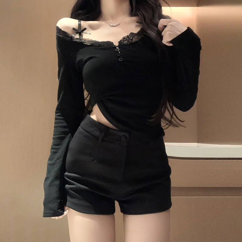 Chic and beautiful bottoming shirt top pure lust sexy hot girl slim lace suspender autumn and winter inner long-sleeved T-shirt