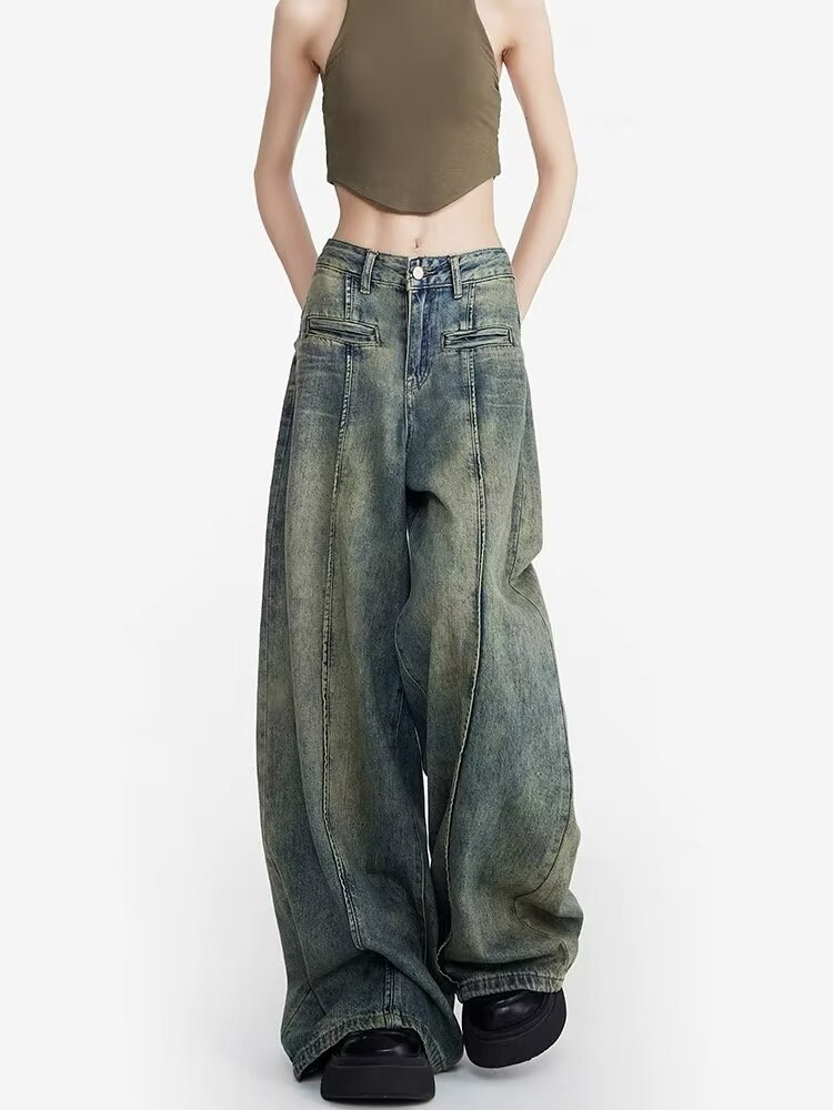 American retro yellow mud jeans for women in autumn new design high-waisted straight wide-leg floor-length trousers