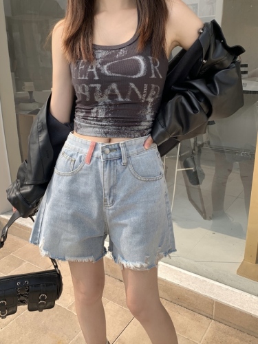 Real shot!  !  !  Korean style contrast embroidered women's jeans summer raw edge a-line high waist shorts