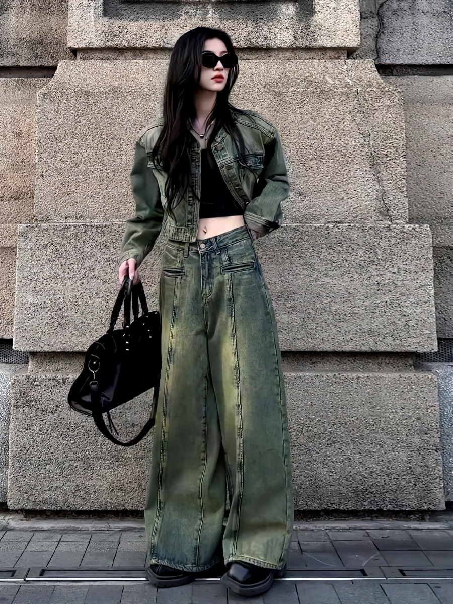 Retro denim long pants high waist slim early spring autumn winter new women's wear straight wide legs