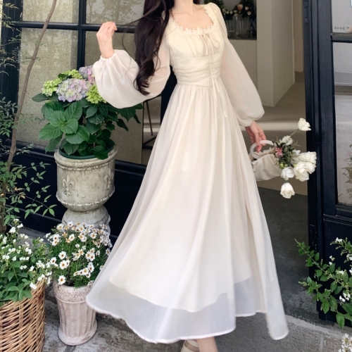 Plus size women's French temperament square neck chiffon long-sleeved fairy dress spring and summer skirt waist A-line long skirt
