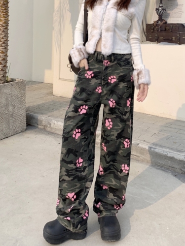 Real shot!  !  !  Camouflage jeans for women, loose straight high waist printed slim wide leg pants to cover the flesh