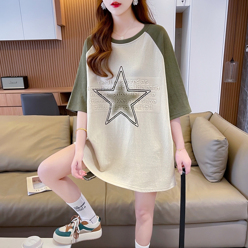 Actual shot of 100% pure cotton plus size women's Korean style mid-length contrasting color stamped short-sleeved T-shirt trendy loose top