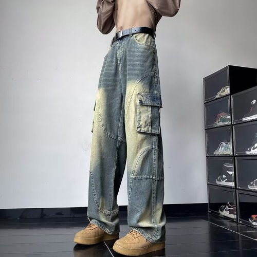 American Retro Deconstructed Spring and Autumn Distressed Washed Jeans Men's Loose Casual Straight Workwear Pants Trendy Brand
