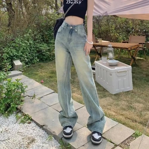 High-waisted wide-leg jeans for women 2024 new American retro loose straight-leg tall floor-length mopping pants for autumn