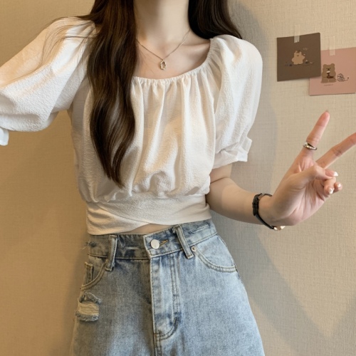Real shot design niche summer square collar French strap waist exposed short-sleeved shirt trendy white puff sleeve top for women