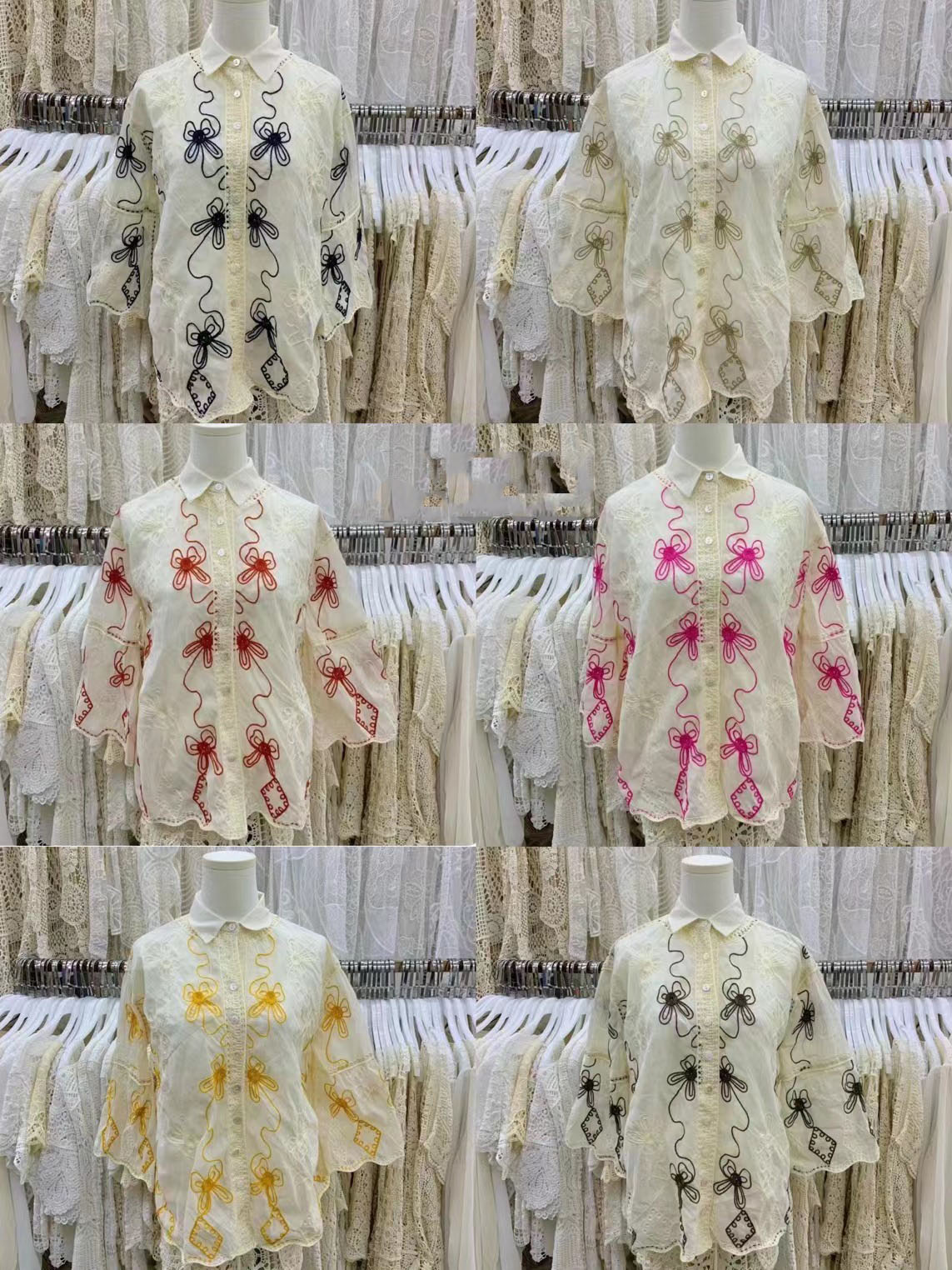 2024 New Spring and Summer Shirt Collar Heavy Embroidery Loose Single-breasted Chiffon Plant Flower Shirt