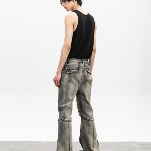 Wasteland style washed distressed pleated micro-flared jeans dirtyfit trousers for men and women