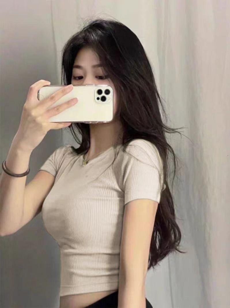 Green short-sleeved t-shirt for women summer new hot girl slim short sexy pure lust style tight chic top