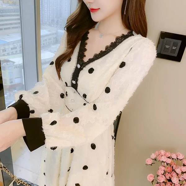 Spring and Autumn New Style French Fairy Super Fairy Long Sleeve Dress Light Luxury Celebrity V Neck Puff Sleeve Polka Dot Long Dress for Women