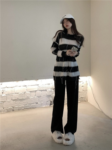 Actual shot of autumn and winter thickened wide-leg elastic waist drawstring lazy drape straight floor- mopping casual floor- mopping pants