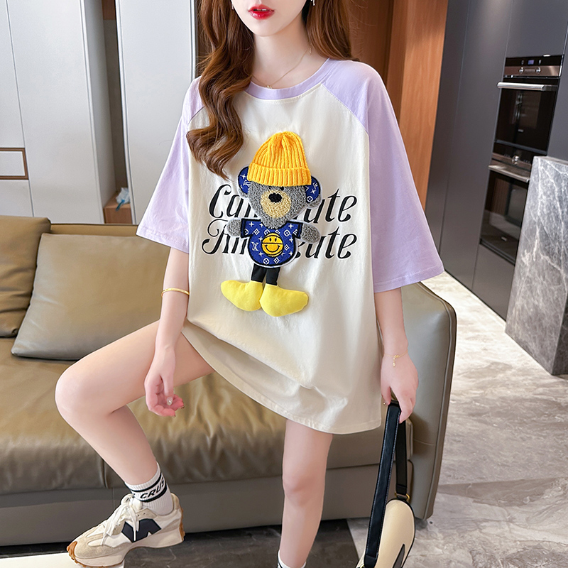 Actual shot of 100% cotton large size Korean style mid-length contrasting color stitching embroidered short-sleeved T-shirt for women summer tops