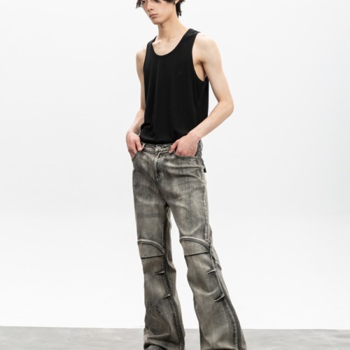 Wasteland style washed distressed pleated micro-flared jeans dirtyfit trousers for men and women