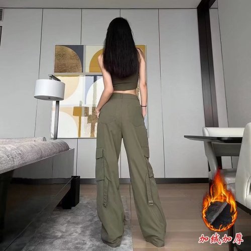 American retro overalls for women in winter high-waisted slim straight-leg loose wide-leg plus velvet long pants high street ins trend