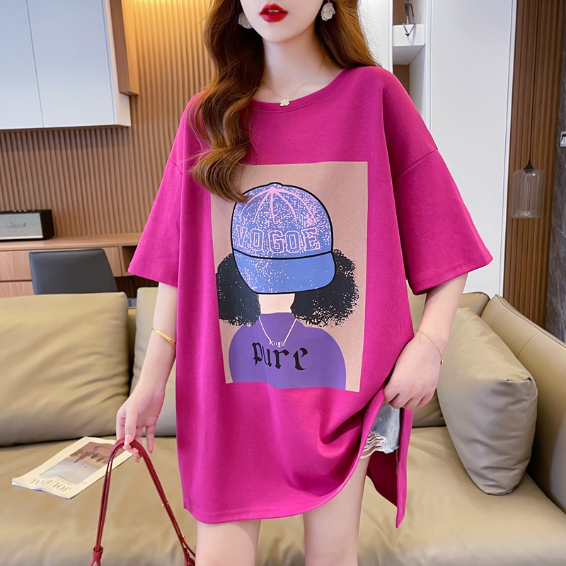 Actual shot of 100% pure cotton plus size women's Korean style mid-length slit cartoon short-sleeved T-shirt summer top trend