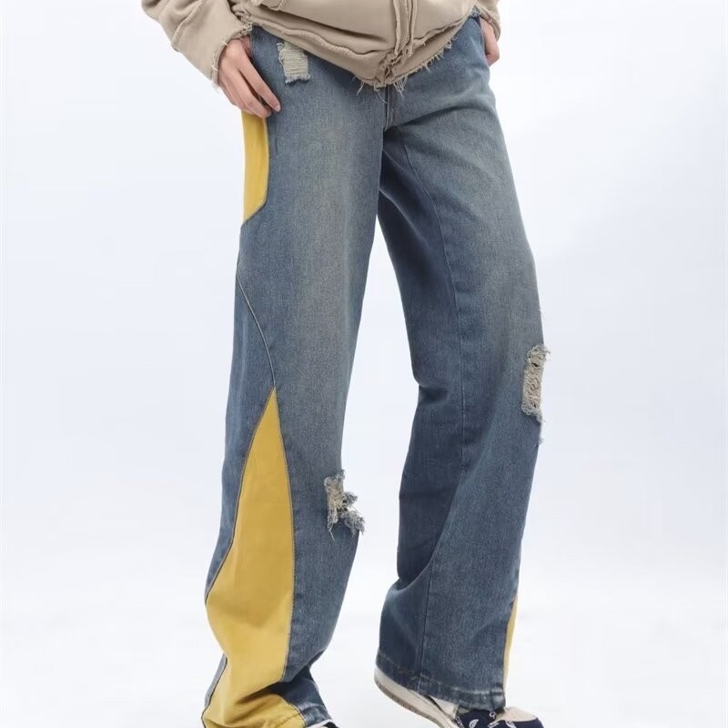 European and American ripped stitching contrasting color jeans for men and women, loose high street handsome American style washed design straight pants