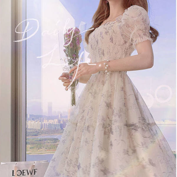 Summer new style French ink painting puff sleeve waist slimming ladylike floral chiffon dress