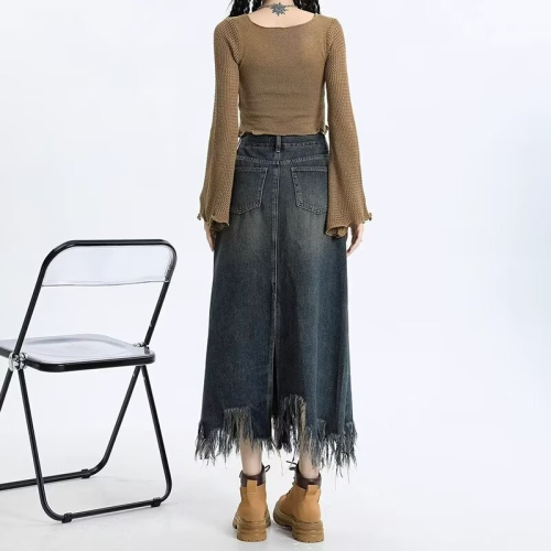 Retro mid-length fishtail skirt denim skirt women's raw edge high-waist slim A-line skirt covering the hip long skirt skirt