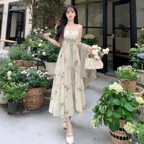 Plus size spring and summer national style ink bamboo leaf Chinese style improved Hanfu suspender long skirt chiffon cardigan gentle fairy outer wear