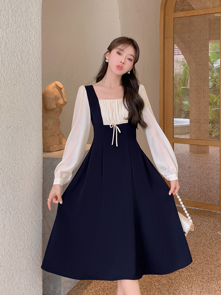 Plus size women's fat sister mm French square collar fake two-piece black dress autumn new fairy skirt