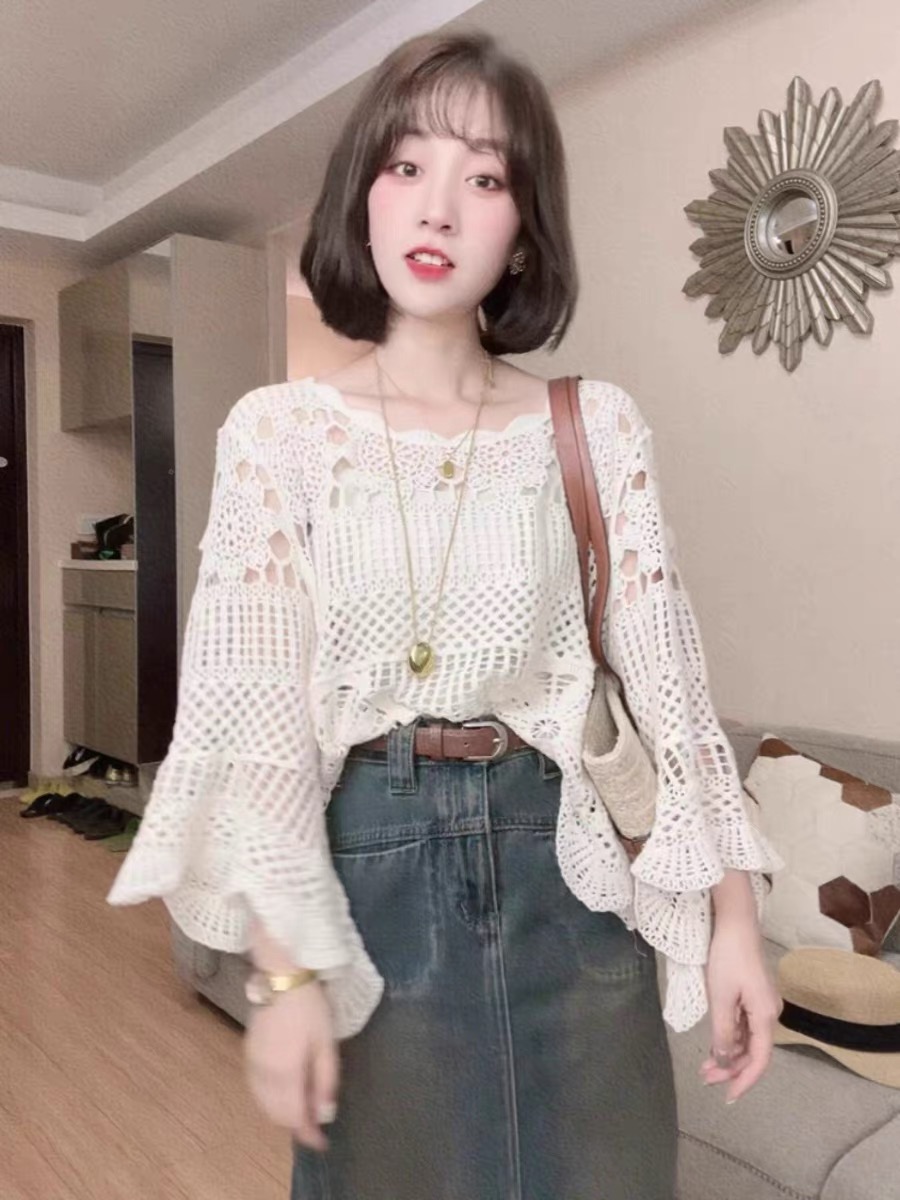 Korean style lazy style crochet hollow knitted sweater for women 2024 spring and summer design versatile slimming blouse top